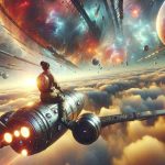 Generate a realistic, high-definition image of a scene featuring a futuristic sky explorer, setting new heights in aerial adventures. The explorer is not a known person or a specific character, but someone generic who embodies the thrill and spirit of exploration. The explorer, a Caucasian female, is at the helm of an advanced, futuristic airship that has never been seen before, soaring through uncharted skies filled with unusual celestial bodies, breathtaking colors, and otherworldly phenomena. The scene reflects the advance in technology and the adventurous spirit of exploration.