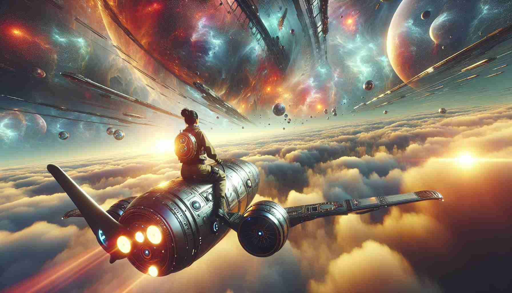 Generate a realistic, high-definition image of a scene featuring a futuristic sky explorer, setting new heights in aerial adventures. The explorer is not a known person or a specific character, but someone generic who embodies the thrill and spirit of exploration. The explorer, a Caucasian female, is at the helm of an advanced, futuristic airship that has never been seen before, soaring through uncharted skies filled with unusual celestial bodies, breathtaking colors, and otherworldly phenomena. The scene reflects the advance in technology and the adventurous spirit of exploration.