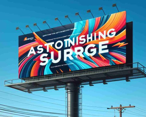 High-definition image of the billboard advertisement for an energy company named 'Astonishing Surge'. The ad features bold typography and dynamic, abstract shapes to depict the concept of defying industry trends. It includes a vibrant color scheme that stands out against a clear blue sky, effectively communicating the innovative spirit of the company.