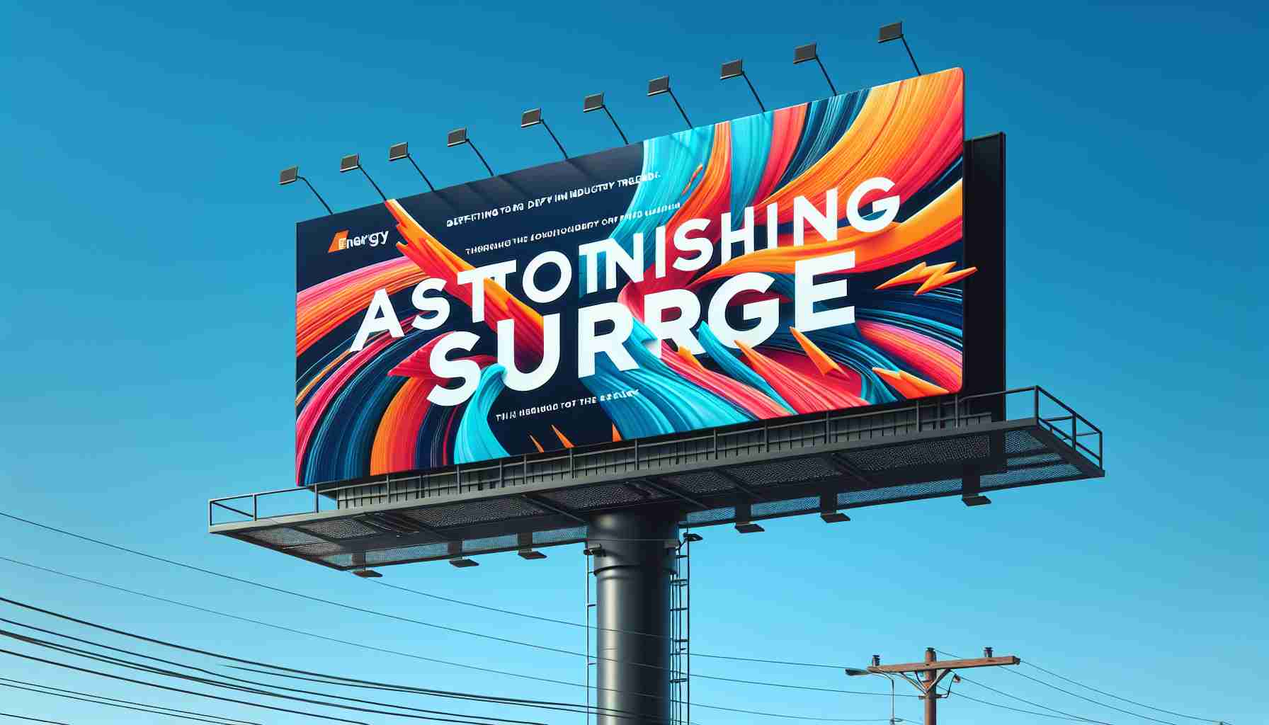 High-definition image of the billboard advertisement for an energy company named 'Astonishing Surge'. The ad features bold typography and dynamic, abstract shapes to depict the concept of defying industry trends. It includes a vibrant color scheme that stands out against a clear blue sky, effectively communicating the innovative spirit of the company.