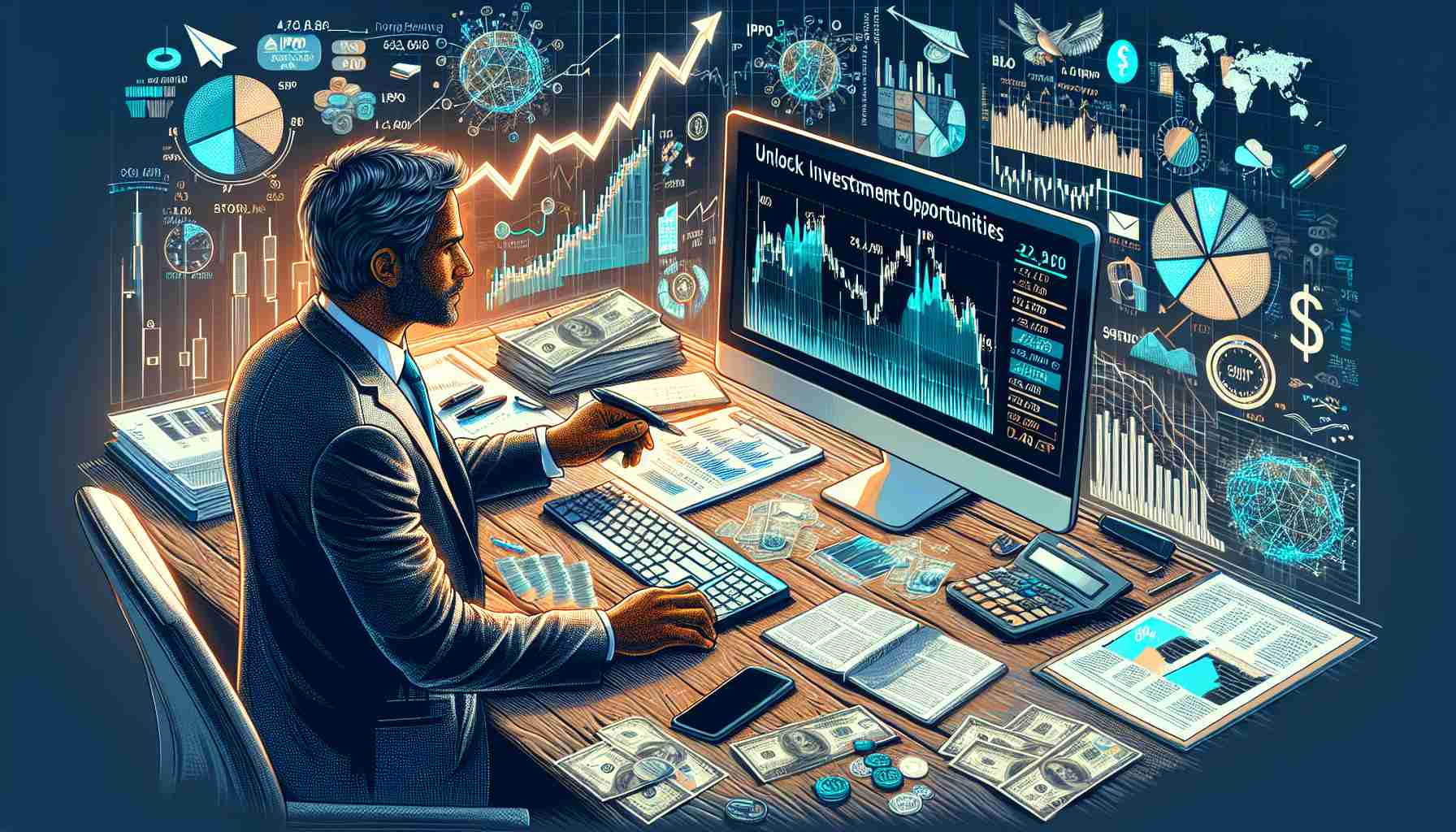 Generate a detailed, high-definition image featuring an illustrative and symbolic concept of investing in Initial Public Offerings (IPOs). An investor, who could be of Middle-Eastern descent and male, might be investigating various documents on his desk, possibly representing potential IPOs. A large financial chart could be displayed on a computer monitor, showing a positive trend line. Various finance-related items could be spread out, like calculators, currencies, and stock market reports. The words 'Unlock Investment Opportunities: How Can You Buy IPO Stock Like a Pro?' might appear prominently, symbolizing the insider knowledge necessary for successful IPO investing.