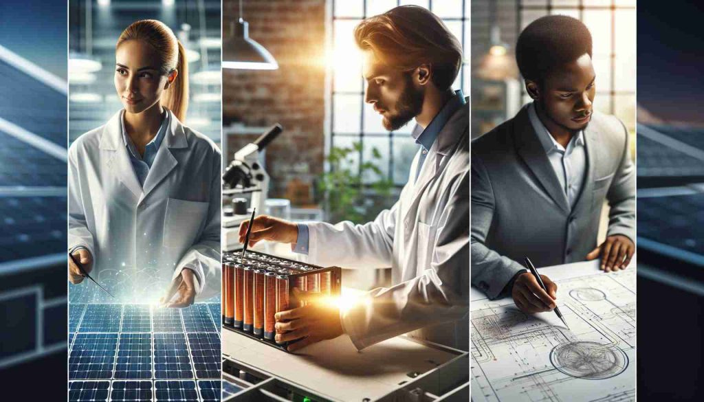 A realistic high-definition image of the concept: 'Unlocking the Future of Energy'. Feature three pioneers in the field of solar battery storage. Depict a Caucasian male scientist meticulously analyzing a high-tech solar battery in a well-lit laboratory, a Middle-Eastern female engineer presenting a model of a cutting-edge solar battery storage device in a conference, and a Black male inventor examining a blueprint of a solar storage system in a workshop. All of them should be shown as dedicated, curious, and passionate about their work, symbolizing the progress and innovation in the renewable energy sector.