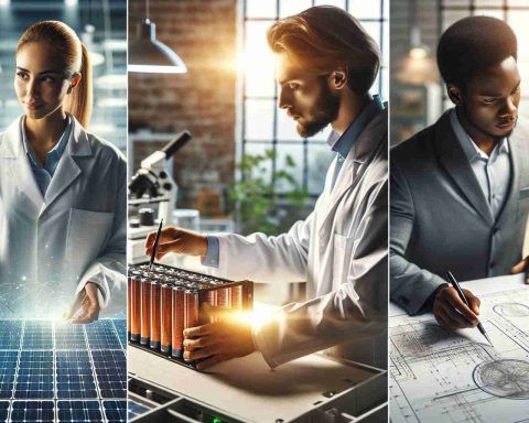 A realistic high-definition image of the concept: 'Unlocking the Future of Energy'. Feature three pioneers in the field of solar battery storage. Depict a Caucasian male scientist meticulously analyzing a high-tech solar battery in a well-lit laboratory, a Middle-Eastern female engineer presenting a model of a cutting-edge solar battery storage device in a conference, and a Black male inventor examining a blueprint of a solar storage system in a workshop. All of them should be shown as dedicated, curious, and passionate about their work, symbolizing the progress and innovation in the renewable energy sector.