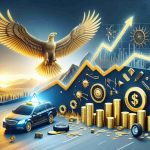 Create a high-definition, realistic image representing the concept of a stunning turnaround. This could include symbols indicative of growth and success such as a soaring, majestic bird to symbolize the soaring profits, charts pointing upwards, or piles of gold to signify enormous profit. Juxtapose this with an autonomous vehicle with a flat tire or a warning sign to represent the recent setback in its robotaxi effort.