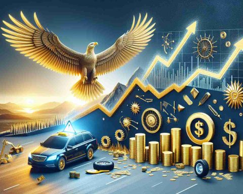 Create a high-definition, realistic image representing the concept of a stunning turnaround. This could include symbols indicative of growth and success such as a soaring, majestic bird to symbolize the soaring profits, charts pointing upwards, or piles of gold to signify enormous profit. Juxtapose this with an autonomous vehicle with a flat tire or a warning sign to represent the recent setback in its robotaxi effort.