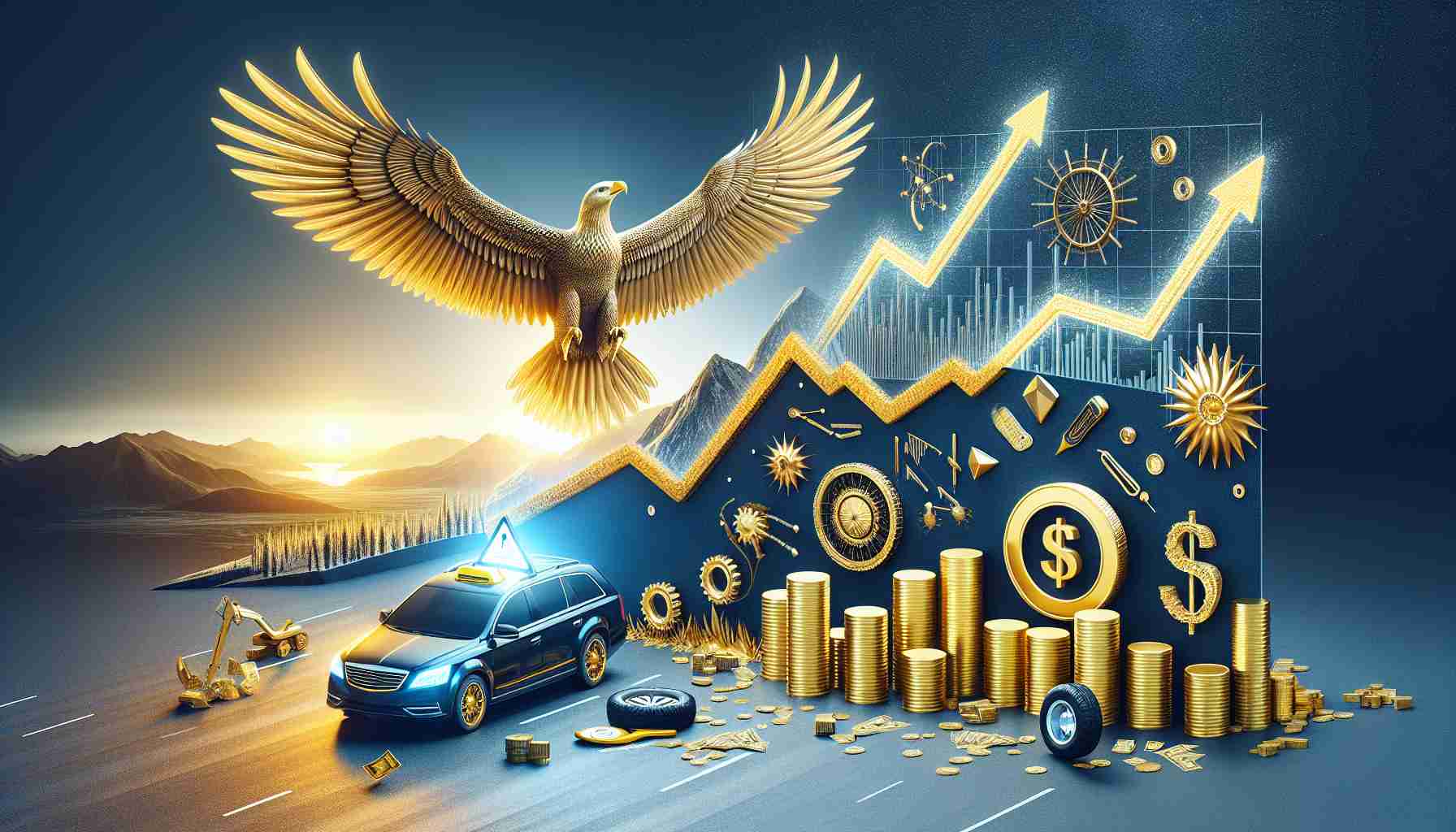 Create a high-definition, realistic image representing the concept of a stunning turnaround. This could include symbols indicative of growth and success such as a soaring, majestic bird to symbolize the soaring profits, charts pointing upwards, or piles of gold to signify enormous profit. Juxtapose this with an autonomous vehicle with a flat tire or a warning sign to represent the recent setback in its robotaxi effort.