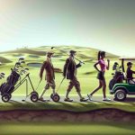 Generate a highly detailed, realistic HD image representing the evolution of golf, focusing on innovative transportation for golfers. Within the scene, include a golf course as the background. Depict three stages of progression: traditional walking with golf clubs over shoulder, a Caucasian male golfer using an old-fashioned golf cart, and a Black female golfer using a modern, high-tech golf cart. Ensure the diversity of the golfers in terms of race and gender.