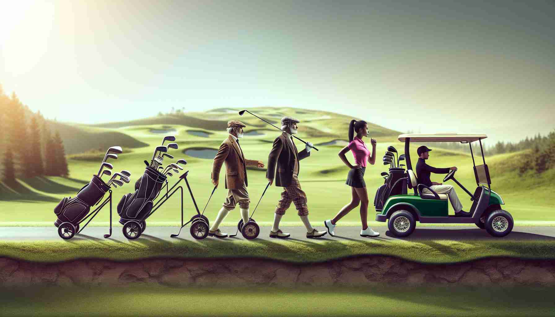 Generate a highly detailed, realistic HD image representing the evolution of golf, focusing on innovative transportation for golfers. Within the scene, include a golf course as the background. Depict three stages of progression: traditional walking with golf clubs over shoulder, a Caucasian male golfer using an old-fashioned golf cart, and a Black female golfer using a modern, high-tech golf cart. Ensure the diversity of the golfers in terms of race and gender.