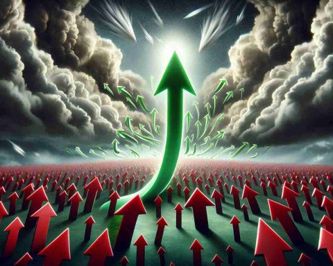 Create an image best illustrating the metaphor of a microcap stock defying all market predictions. Imagine a small, bright green upwardly spiraling arrow (representing a microcap stock) surrounded by a sea of large, red arrows pointing downwards (representing the market predictions). All this happening under a stormy sky, symbolizing the market volatility. Have this image be of high definition and realistic.