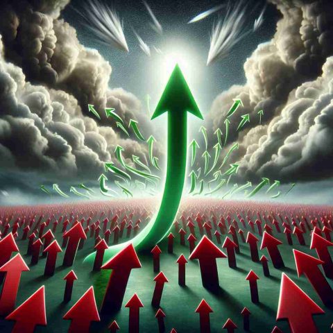 Create an image best illustrating the metaphor of a microcap stock defying all market predictions. Imagine a small, bright green upwardly spiraling arrow (representing a microcap stock) surrounded by a sea of large, red arrows pointing downwards (representing the market predictions). All this happening under a stormy sky, symbolizing the market volatility. Have this image be of high definition and realistic.