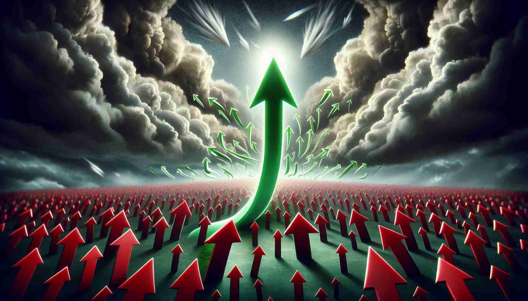 Create an image best illustrating the metaphor of a microcap stock defying all market predictions. Imagine a small, bright green upwardly spiraling arrow (representing a microcap stock) surrounded by a sea of large, red arrows pointing downwards (representing the market predictions). All this happening under a stormy sky, symbolizing the market volatility. Have this image be of high definition and realistic.