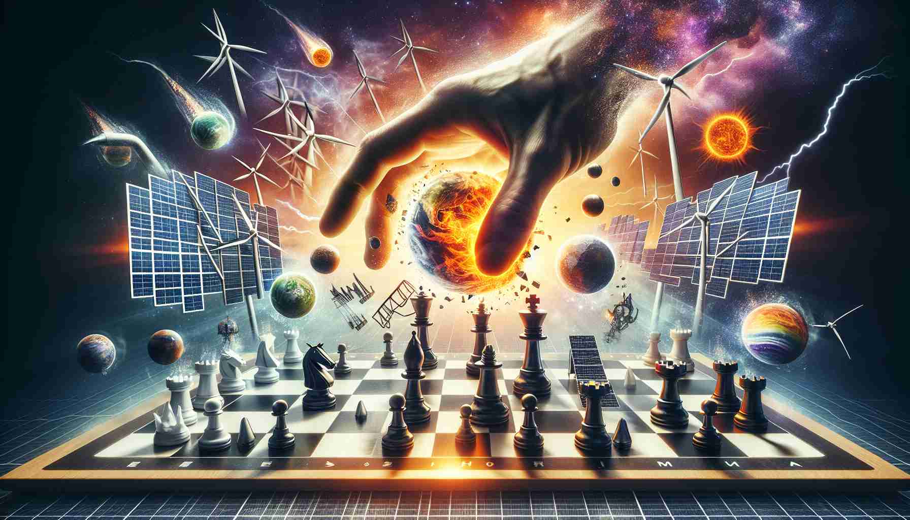 Generate a realistic HD image that visualizes the concept of a surprising move by an energy corporation that could potentially disrupt the market. This could manifest as an abstract representation, perhaps by illustrating the energy sector as a chess board with game pieces. A giant hand, portraying the energy corporation, might be moving a piece in a surprising, unconventional move, sending shockwaves throughout the board. Key elements like solar panels, oil rigs, wind turbines may represent other market players on the board, symbolizing the energy market.