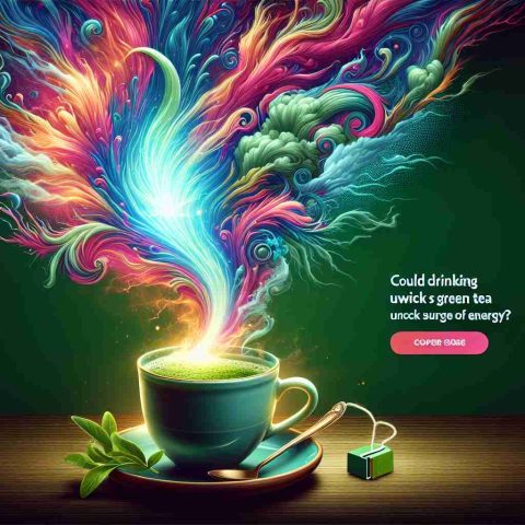 Produce a vibrant, highly-detailed illustration showing a steaming cup of green tea set against the backdrop of an abstract energy surge. The energy surge should be depicted as an invigorating wave of light or vibrant colors that suggests a sense of awakening or rejuvenation. Off to the side, have a textbox with the words 'Could Drinking Green Tea Unlock a Surge of Energy?'