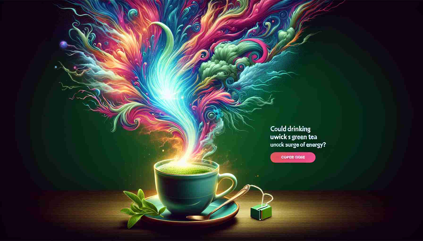 Produce a vibrant, highly-detailed illustration showing a steaming cup of green tea set against the backdrop of an abstract energy surge. The energy surge should be depicted as an invigorating wave of light or vibrant colors that suggests a sense of awakening or rejuvenation. Off to the side, have a textbox with the words 'Could Drinking Green Tea Unlock a Surge of Energy?'