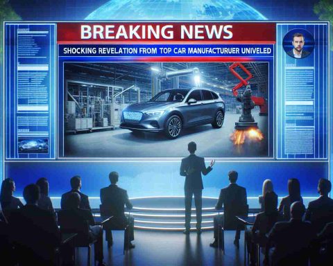 Generate a realistic high definition image of a Breaking News scene on a TV screen with a headline that reads, 'Shocking Revelation from Top Car Manufacturer Unveiled'. Visualize the screen divided into three sections: On the left, a news anchor presenting the story; on the right, accompanying images of a high-end car and a manufacturing plant; at the bottom, a scrolling text ticker providing additional details of the revelation.