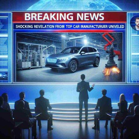 Generate a realistic high definition image of a Breaking News scene on a TV screen with a headline that reads, 'Shocking Revelation from Top Car Manufacturer Unveiled'. Visualize the screen divided into three sections: On the left, a news anchor presenting the story; on the right, accompanying images of a high-end car and a manufacturing plant; at the bottom, a scrolling text ticker providing additional details of the revelation.