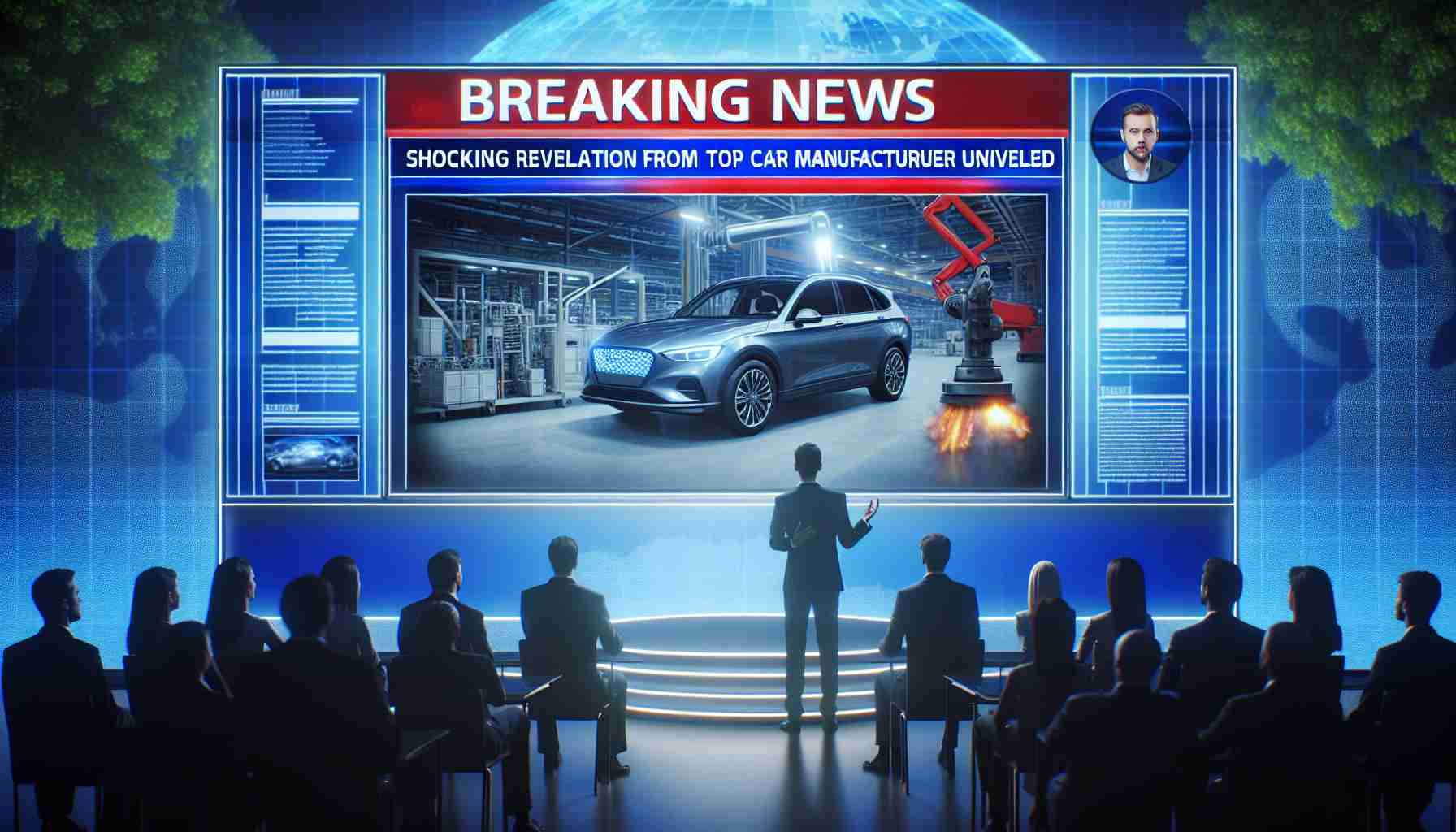 Generate a realistic high definition image of a Breaking News scene on a TV screen with a headline that reads, 'Shocking Revelation from Top Car Manufacturer Unveiled'. Visualize the screen divided into three sections: On the left, a news anchor presenting the story; on the right, accompanying images of a high-end car and a manufacturing plant; at the bottom, a scrolling text ticker providing additional details of the revelation.