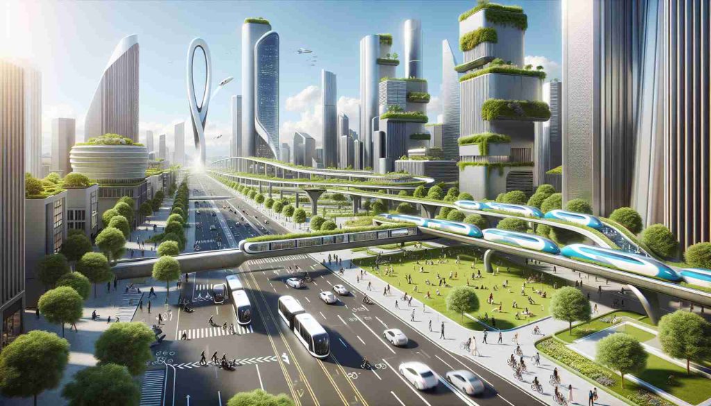 Render a highly realistic, high-definition image depicting the future of sustainable transportation within urban environments. Picture a cityscape with accented futuristic architecture, filled with green spaces and rooftop gardens. See modes of transportation that are Eco-friendly; think solar-powered buses, electric cars, and bike lanes buzzing with cyclists. Perhaps a network of hyperloops or streamlined monorails gliding quietly above the city streets. Citizens of various descents and genders are utilising these transportation systems. It's a clear day with sun shining, emphasizing the clean, smog-free air.