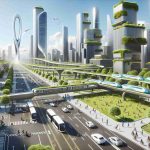 Render a highly realistic, high-definition image depicting the future of sustainable transportation within urban environments. Picture a cityscape with accented futuristic architecture, filled with green spaces and rooftop gardens. See modes of transportation that are Eco-friendly; think solar-powered buses, electric cars, and bike lanes buzzing with cyclists. Perhaps a network of hyperloops or streamlined monorails gliding quietly above the city streets. Citizens of various descents and genders are utilising these transportation systems. It's a clear day with sun shining, emphasizing the clean, smog-free air.