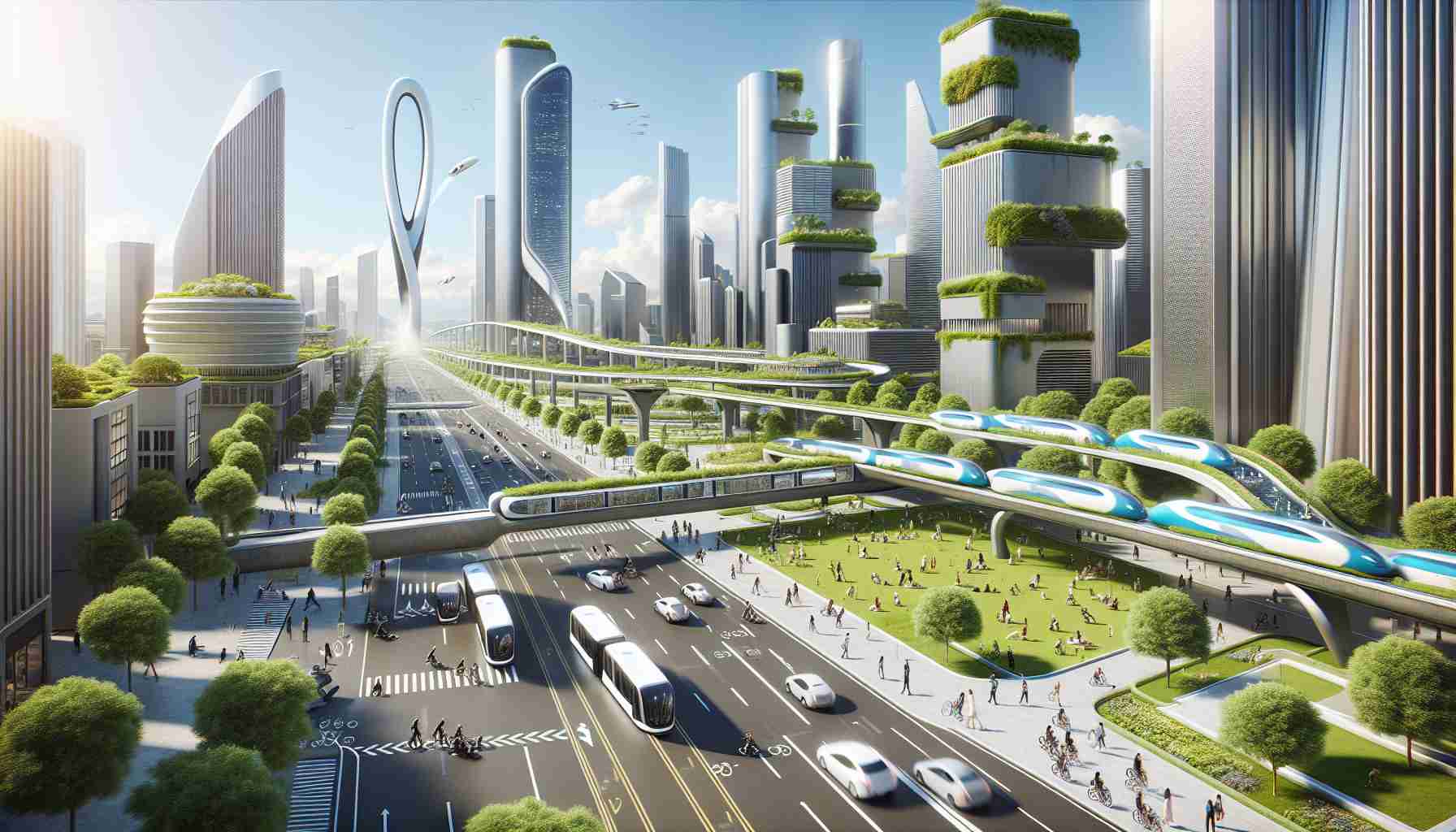 Render a highly realistic, high-definition image depicting the future of sustainable transportation within urban environments. Picture a cityscape with accented futuristic architecture, filled with green spaces and rooftop gardens. See modes of transportation that are Eco-friendly; think solar-powered buses, electric cars, and bike lanes buzzing with cyclists. Perhaps a network of hyperloops or streamlined monorails gliding quietly above the city streets. Citizens of various descents and genders are utilising these transportation systems. It's a clear day with sun shining, emphasizing the clean, smog-free air.