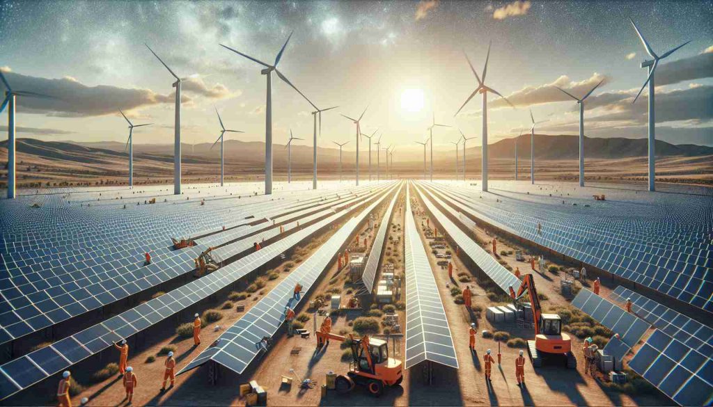 High-definition, true-to-life image displaying an impactful strategy being utilized in the renewable energy revolution in Southern Queensland. The scene captures the essence of modern technological innovation, with wide expanses of newly installed solar panels across the arid landscape, wind turbines slowly rotating against the clear sky, and the buzzing activity of engineers and workers—both men and women of various descents, including Caucasian, Hispanic, and South Asian. The representation should demonstrate the scale and significance of this strategic move within the context of renewable energy production.