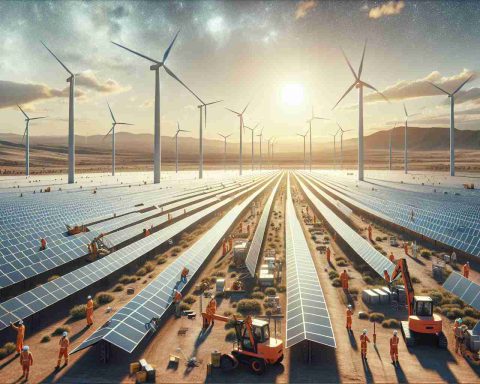 High-definition, true-to-life image displaying an impactful strategy being utilized in the renewable energy revolution in Southern Queensland. The scene captures the essence of modern technological innovation, with wide expanses of newly installed solar panels across the arid landscape, wind turbines slowly rotating against the clear sky, and the buzzing activity of engineers and workers—both men and women of various descents, including Caucasian, Hispanic, and South Asian. The representation should demonstrate the scale and significance of this strategic move within the context of renewable energy production.