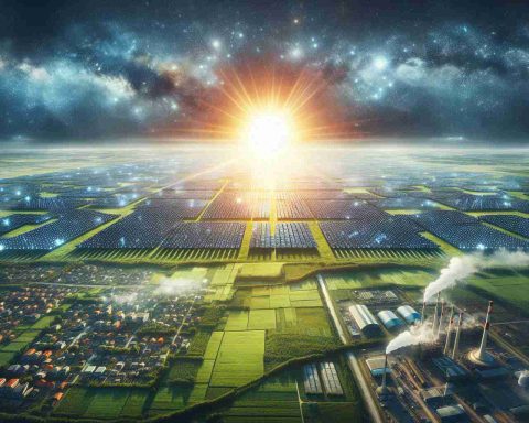 A realistic high-definition image depicting the concept of solar power as a potential miracle solution to our energy needs. Include a large, radiant sun casting rays to a field of solar panels, sprawled out across a vast plain. The panels are absorbing the sunlight, converting it into a visible form of electricity powering nearby cities, houses, and factories. Create a contrast between a pollution-filled city on one side showcasing traditional energy sources, like coal and gas, and on the other side, the clean, serene environment powered by solar energy.