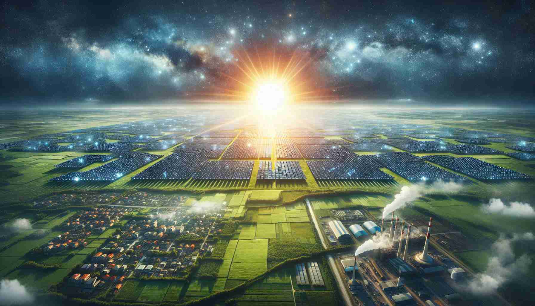 A realistic high-definition image depicting the concept of solar power as a potential miracle solution to our energy needs. Include a large, radiant sun casting rays to a field of solar panels, sprawled out across a vast plain. The panels are absorbing the sunlight, converting it into a visible form of electricity powering nearby cities, houses, and factories. Create a contrast between a pollution-filled city on one side showcasing traditional energy sources, like coal and gas, and on the other side, the clean, serene environment powered by solar energy.