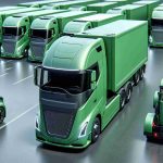 A high-definition, realistic image of a fleet of electric trucks, colored in green to signify commitment to eco-friendly initiatives. The trucks belong to a prominent manufacturing company and are shown lined up, with emphasis on their large build, electric design elements, and sleek green color.