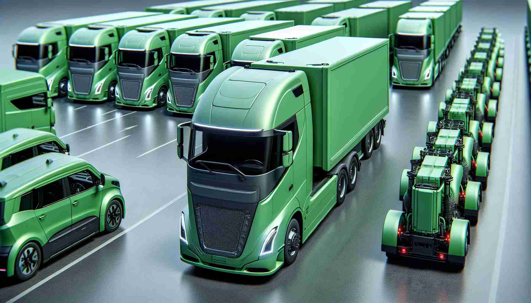 A high-definition, realistic image of a fleet of electric trucks, colored in green to signify commitment to eco-friendly initiatives. The trucks belong to a prominent manufacturing company and are shown lined up, with emphasis on their large build, electric design elements, and sleek green color.