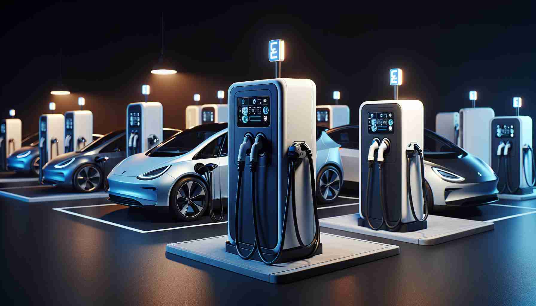 A high definition image showcasing a variety of home electric vehicle (EV) charging stations. The image should prominently display different models of charging units, all designed to enhance the charging experience for electric vehicles. Each unit should be sleek and modern, indicative of the latest technology in efficient energy transfer. Ideally, the EV chargers should be installed next to parking spaces in a home setting, perhaps near a garage, emphasising their residential usage. Please make sure to capture the complexity and functionality of these chargers in a realistic manner.