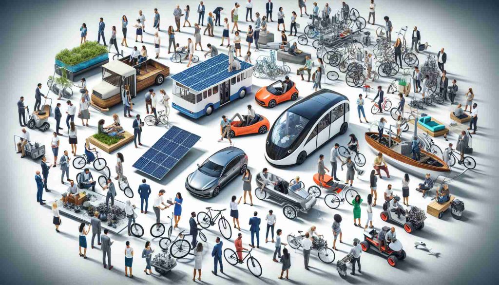 A high-definition, realistic image of diverse individuals exploring innovations in sustainable transportation. It includes a selection of eco-friendly transportation options, specifically focusing on electric vehicles (cars, buses, bikes), solar-powered boats, and wind-powered trains. These devices are surrounded by people of various descents like Caucasian, Hispanic, Black, Middle-Eastern, and South Asian, all working together in a dynamic, collaborative and creative environment, demonstrating the multicultural face of innovation in sustainable transport.