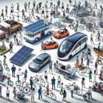 A high-definition, realistic image of diverse individuals exploring innovations in sustainable transportation. It includes a selection of eco-friendly transportation options, specifically focusing on electric vehicles (cars, buses, bikes), solar-powered boats, and wind-powered trains. These devices are surrounded by people of various descents like Caucasian, Hispanic, Black, Middle-Eastern, and South Asian, all working together in a dynamic, collaborative and creative environment, demonstrating the multicultural face of innovation in sustainable transport.