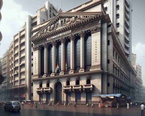 A high definition, realistic image of the exterior of the Bombay Stock Exchange, located in Mumbai, India. The scene features the imposing historic building with its grand entrance, adorned with intricate architectural details. The surrounding streets are busy with people, rushing to work and vendors selling their wares, a typical day in the bustling financial district of Mumbai.