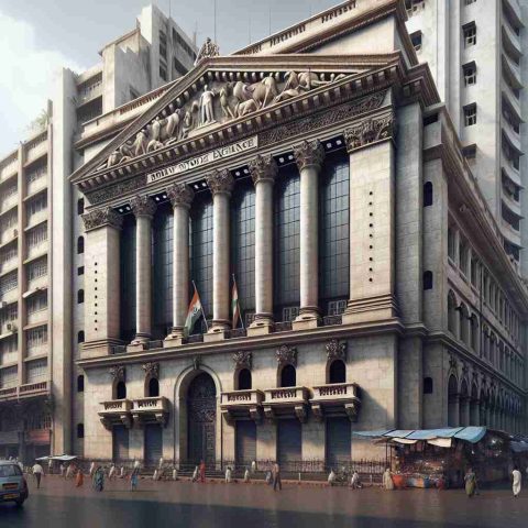 A high definition, realistic image of the exterior of the Bombay Stock Exchange, located in Mumbai, India. The scene features the imposing historic building with its grand entrance, adorned with intricate architectural details. The surrounding streets are busy with people, rushing to work and vendors selling their wares, a typical day in the bustling financial district of Mumbai.