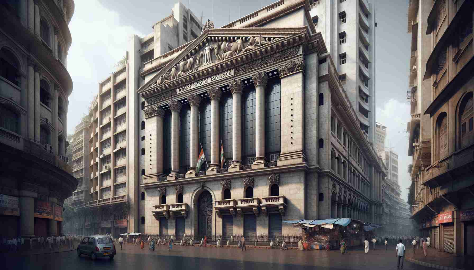 A high definition, realistic image of the exterior of the Bombay Stock Exchange, located in Mumbai, India. The scene features the imposing historic building with its grand entrance, adorned with intricate architectural details. The surrounding streets are busy with people, rushing to work and vendors selling their wares, a typical day in the bustling financial district of Mumbai.