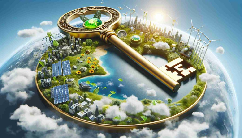 A high-definition, realistic image representing the concept of green energy as the key to a sustainable future. In this image, we see a large, golden key that has various symbols of green energy integrated into its design - such as solar panels, wind turbines, and electric batteries. It's conceptualized as unlocking a vibrant planet earth that shows flourishing nature and a skyline of eco-friendly cities. The caption 'Is Green Energy the Key to a Sustainable Future?' is displayed prominently, inviting viewers to ponder on this essential question.