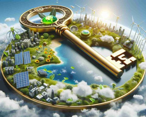 A high-definition, realistic image representing the concept of green energy as the key to a sustainable future. In this image, we see a large, golden key that has various symbols of green energy integrated into its design - such as solar panels, wind turbines, and electric batteries. It's conceptualized as unlocking a vibrant planet earth that shows flourishing nature and a skyline of eco-friendly cities. The caption 'Is Green Energy the Key to a Sustainable Future?' is displayed prominently, inviting viewers to ponder on this essential question.