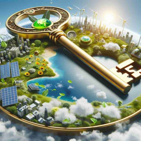 A high-definition, realistic image representing the concept of green energy as the key to a sustainable future. In this image, we see a large, golden key that has various symbols of green energy integrated into its design - such as solar panels, wind turbines, and electric batteries. It's conceptualized as unlocking a vibrant planet earth that shows flourishing nature and a skyline of eco-friendly cities. The caption 'Is Green Energy the Key to a Sustainable Future?' is displayed prominently, inviting viewers to ponder on this essential question.