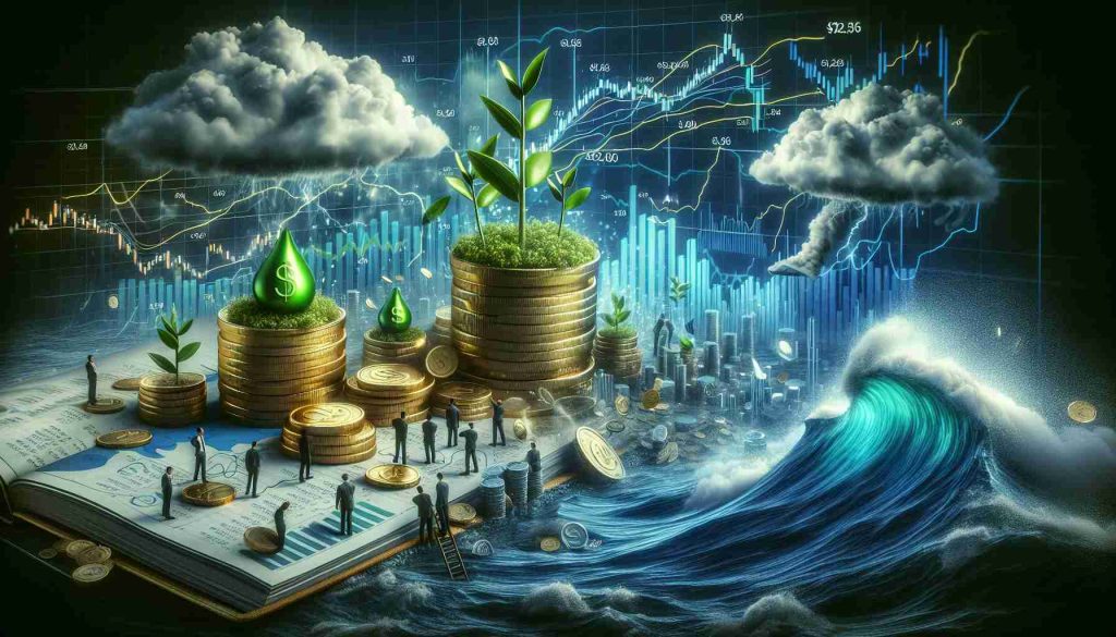 A realistic high-definition image representing a stunning shift in the green energy market. The image should depict a green energy fund, symbolized by green leaves sprouting from a pile of coins, contrasted against a turbulent market, perhaps a stormy sea of financial charts and fluctuating numbers. A thought bubble containing a group of worried investors could be included, examining the charts and discussing the implications. To communicate the informational aspect, include an open book or newspaper with an article about the market shift.