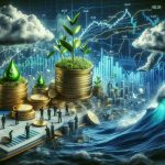 A realistic high-definition image representing a stunning shift in the green energy market. The image should depict a green energy fund, symbolized by green leaves sprouting from a pile of coins, contrasted against a turbulent market, perhaps a stormy sea of financial charts and fluctuating numbers. A thought bubble containing a group of worried investors could be included, examining the charts and discussing the implications. To communicate the informational aspect, include an open book or newspaper with an article about the market shift.