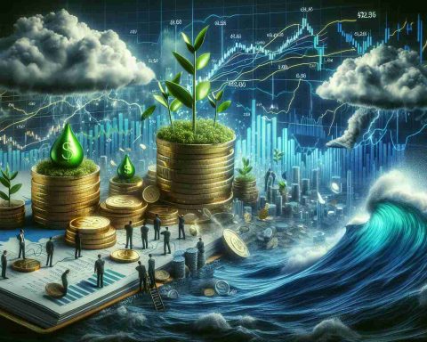 A realistic high-definition image representing a stunning shift in the green energy market. The image should depict a green energy fund, symbolized by green leaves sprouting from a pile of coins, contrasted against a turbulent market, perhaps a stormy sea of financial charts and fluctuating numbers. A thought bubble containing a group of worried investors could be included, examining the charts and discussing the implications. To communicate the informational aspect, include an open book or newspaper with an article about the market shift.