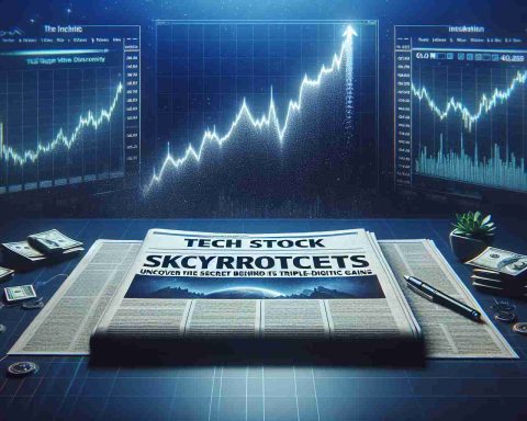 Create a realistic high-definition image displaying a newspaper headline that reads, 'Tech Stock Skyrockets: Uncover the Secret Behind Its Triple-Digit Gains'. Include visual elements such as a rising graph representing the increasing value of tech stocks. The scene should give the impression of a big announcement in the financial sector.