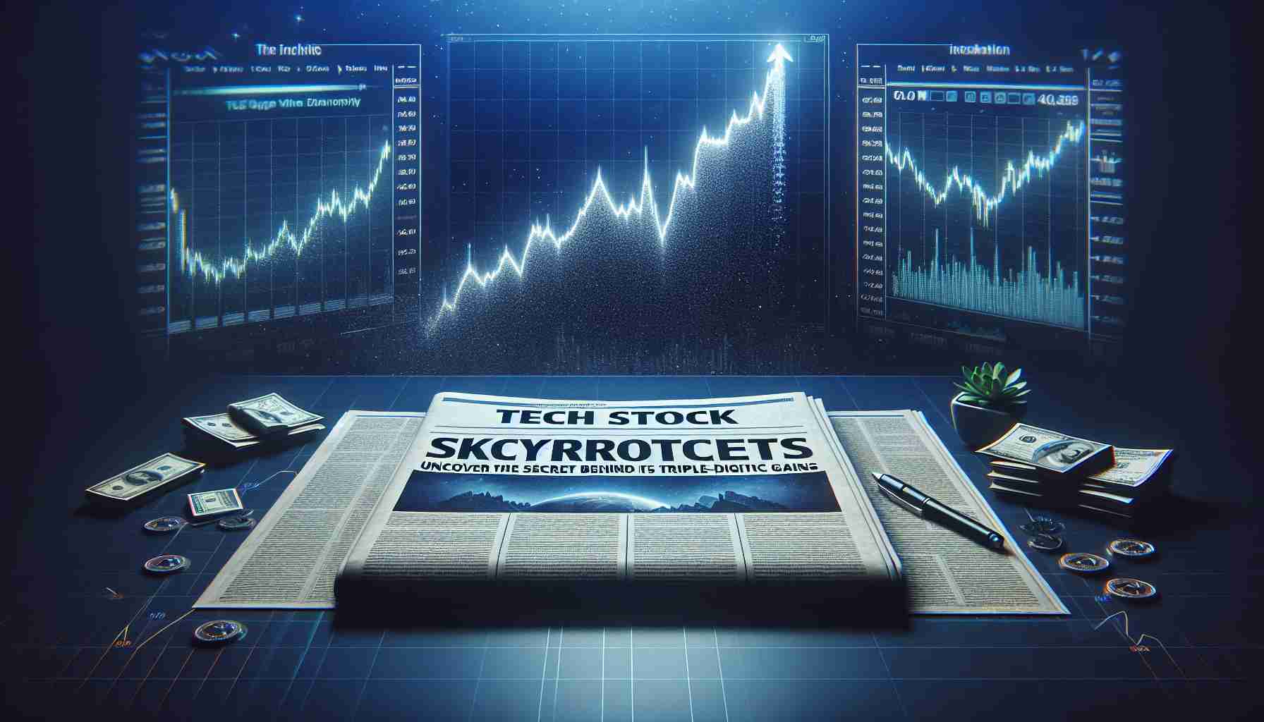 Create a realistic high-definition image displaying a newspaper headline that reads, 'Tech Stock Skyrockets: Uncover the Secret Behind Its Triple-Digit Gains'. Include visual elements such as a rising graph representing the increasing value of tech stocks. The scene should give the impression of a big announcement in the financial sector.