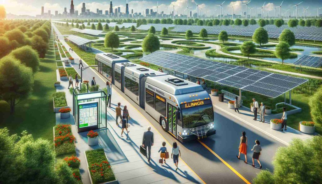 Generate a high-definition, realistic image showcasing Illinois investing in sustainable public transportation. This scene should depict a diverse array of passengers enjoying their journey in a modern, environment-friendly public transportation vehicle. We can see green spaces thriving around the transit area, hinting at the positive environmental impact. The solar panels powering the station and the electric buses contribute to the clean energy initiative in the state. A digital display board shows information about the various sustainable practices utilized.