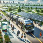 Generate a high-definition, realistic image showcasing Illinois investing in sustainable public transportation. This scene should depict a diverse array of passengers enjoying their journey in a modern, environment-friendly public transportation vehicle. We can see green spaces thriving around the transit area, hinting at the positive environmental impact. The solar panels powering the station and the electric buses contribute to the clean energy initiative in the state. A digital display board shows information about the various sustainable practices utilized.