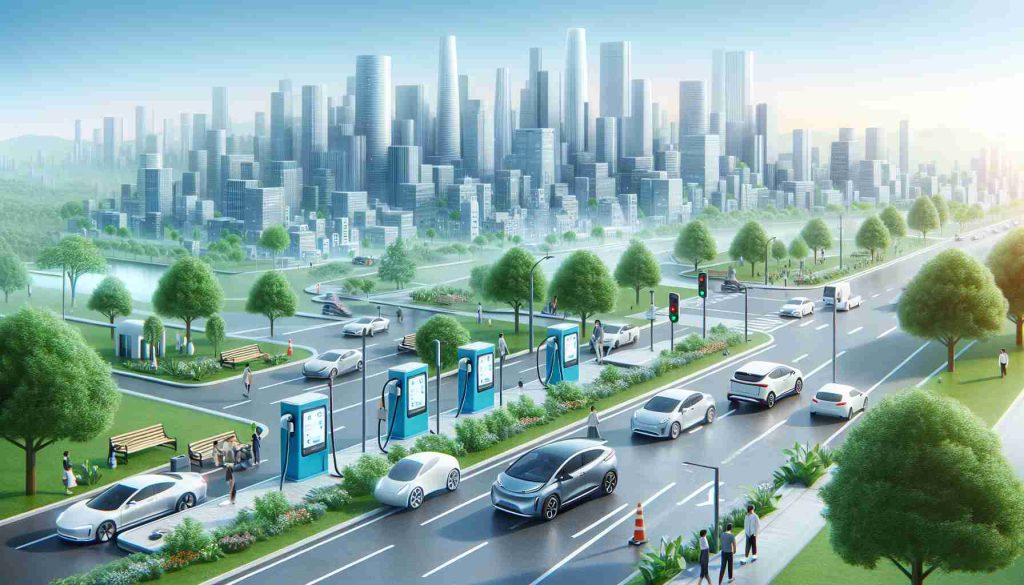 A high-definition, realistic portrayal of a city landscape where electric vehicles are prevalent. The air is noticeably fresh and clear, and the streets are calm and quiet. There are charging stations placed conveniently around the city. Trees and plants flourish in the absence of vehicular pollution. People of various genders and descents are seen happily utilizing these eco-friendly modes of transport. The image symbolizes the positive impacts of embracing electric vehicles for a sustainable environment.