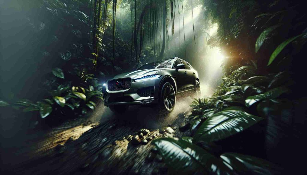 An ultra high-definition image capturing an exhilarating adventure with a modern, luxury SUV, of a make reminiscent of a jaguar prowling through its terrain. The car navigates daringly through a dense, verdant jungle, its sleek form reflecting the dappled sunlight filtering through the thick foliage overhead. The image vibrates with the tension and thrill of exploration as the powerful machine conquers the natural landscape.