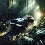 An ultra high-definition image capturing an exhilarating adventure with a modern, luxury SUV, of a make reminiscent of a jaguar prowling through its terrain. The car navigates daringly through a dense, verdant jungle, its sleek form reflecting the dappled sunlight filtering through the thick foliage overhead. The image vibrates with the tension and thrill of exploration as the powerful machine conquers the natural landscape.