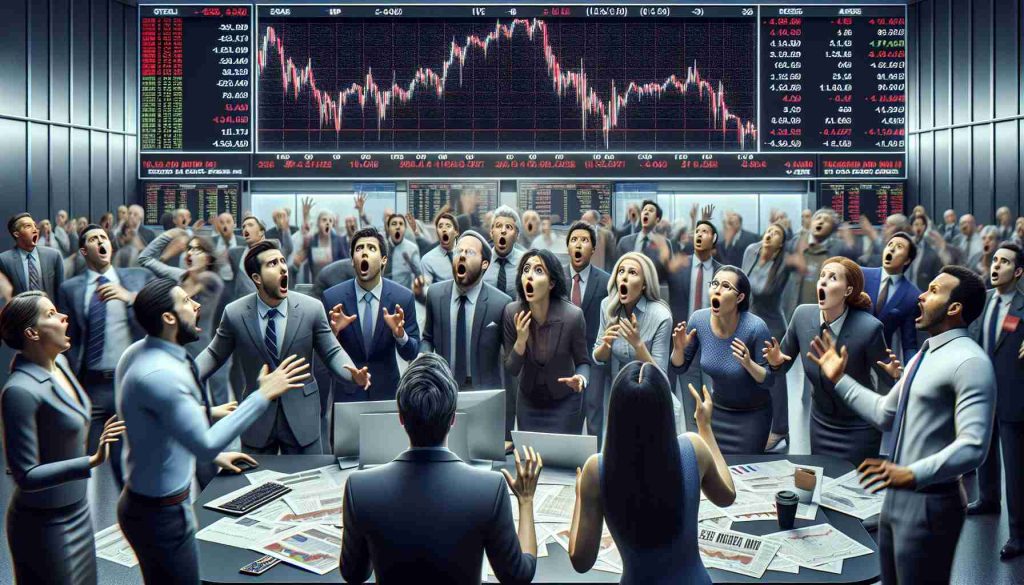 An image depicting a realistic high-definition representation of stock market plunge. The scene involves a group of diverse investors, standing aghast and stunned in a stock exchange floor, their eyes glued onto the electronic stock ticker showing a significant drop in a particular stock symbol. They appear shocked by the sudden drop in performance of an obscure, little-known company. The environment should reflect the intensity and resolution of the situation, with monitors showing charts in red, papers flying around, and people caught in the whirlwind of the moment.